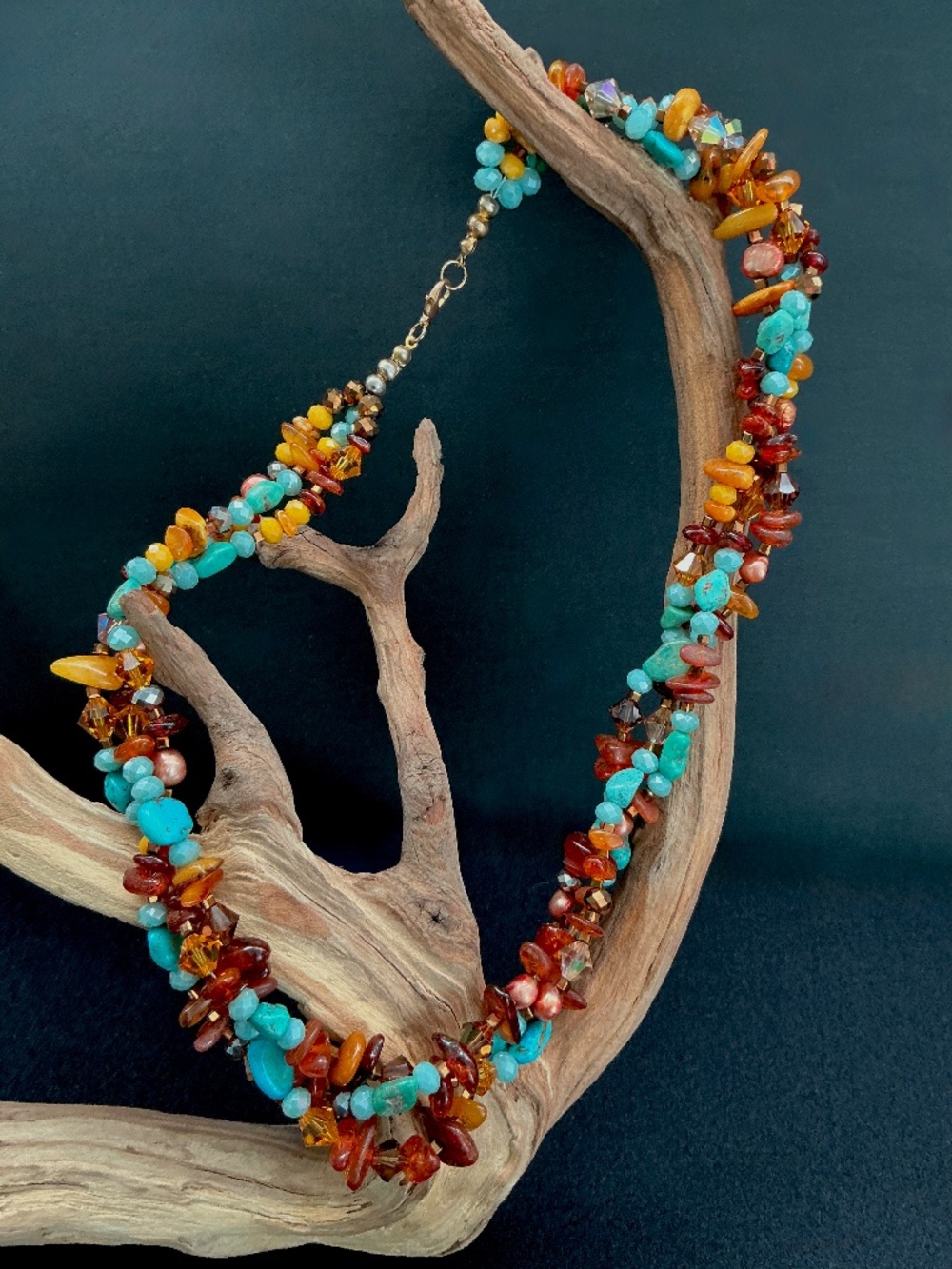 Artisan Triple Strand Amber Turquoise Crystal Freshwater Pearl Necklace